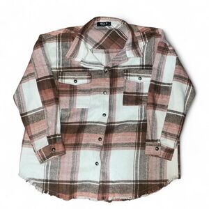 Blue B Women's Pink and Brown Flannel Jacket with raw hem SZ XXL